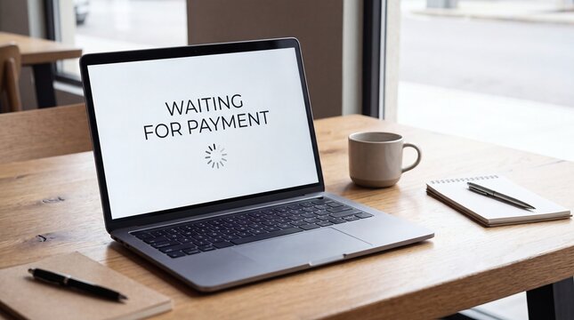 Laptop on wooden table with waiting for payment screen and loading spinner