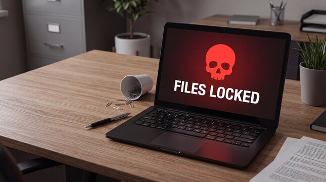 Laptop computer on an office desk displaying a Files Locked ransomware warning screen with a red skull icon, representing cyber attack and data security threat.