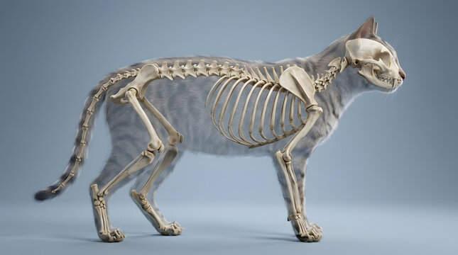 Cat with Visible Skeleton on Blue Background in Side Profile