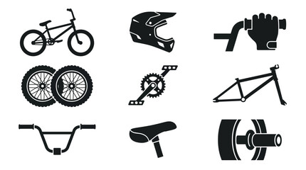 Fototapeta premium Black bicycle parts and extreme cycling gear icon set