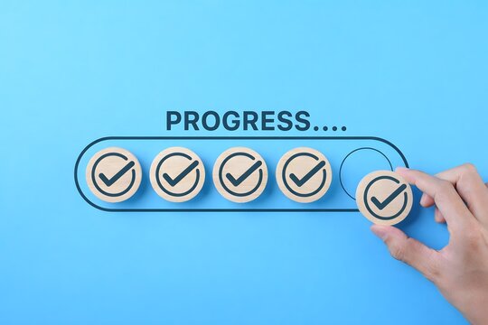 Checklist and task progress tracking concept. A hand placed the final checkmark on round wooden in progress bar, task completion, productivity, goal setting, efficient project management, loading bar,