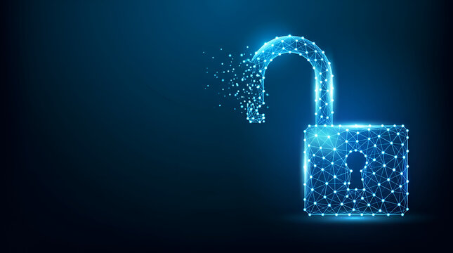Digital cyber security concept with glowing low poly padlock dissolving into particles on dark blue background