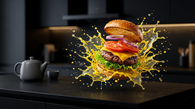Flying beef burger with exploding sauce and ingredients in modern kitchen
