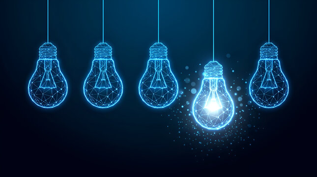 Glowing Digital Light Bulb Symbolizing Creative Innovation and New Technical Business Ideas in Network Wireframe Style