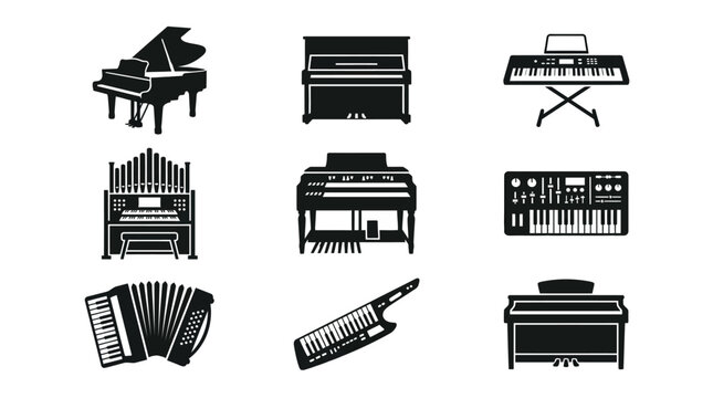 Keyboard musical instruments icon set in black silhouette style