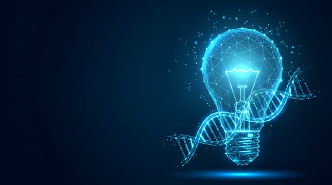 Innovative concept of science and ideas featuring a glowing digital light bulb and DNA strand