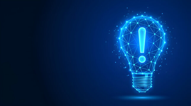 Futuristic Glowing Mesh Lightbulb with Exclamation Mark Idea and Technology Concept