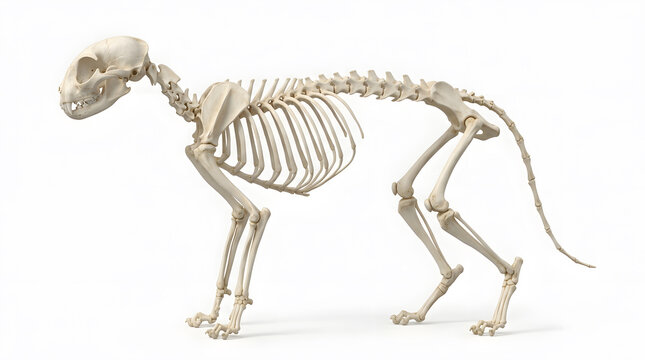 Cat skeleton model showcasing anatomical structure on white background