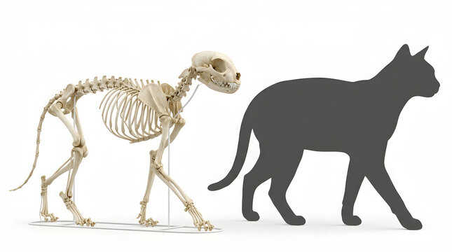 Cat skeleton model with silhouette on white background