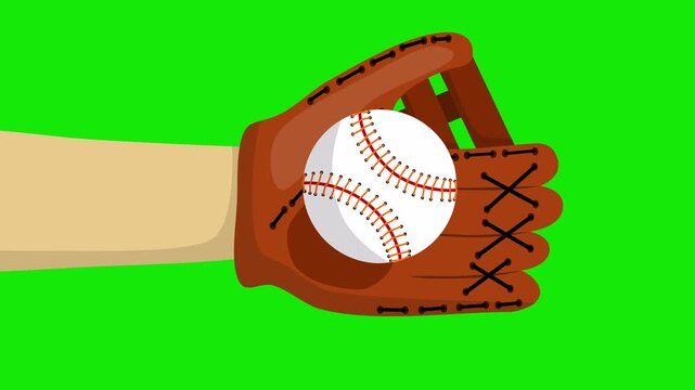 looping animated video of catching a spinning softball on green screen, a hand wearing a glove catching and holding a spinning softball