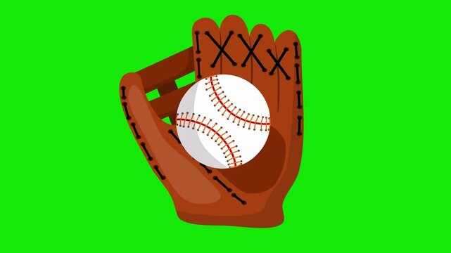 looping animated video of catching a spinning softball on green screen, a softball glove holding and catching a spinning softball