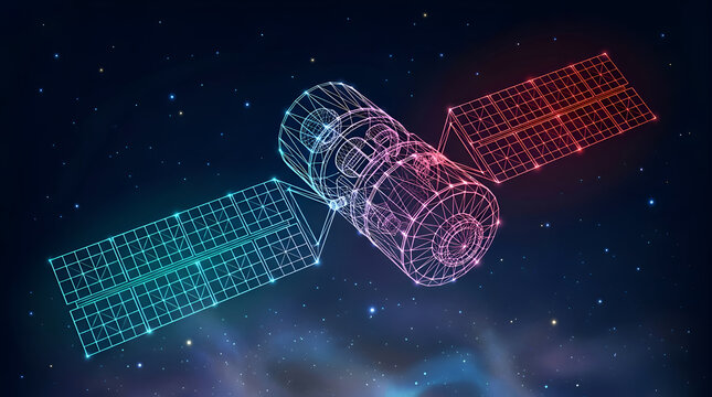 Digital wireframe satellite orbiting in space featuring glowing colorful mesh lines for global communication and advanced network technology