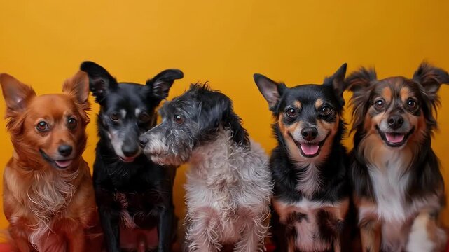 Five small dogs lined up against a yellow studio background