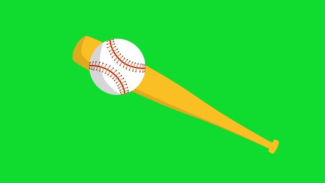 looping animated video of a bat hitting a spinning softball on green screen, softball bat hitting a softball