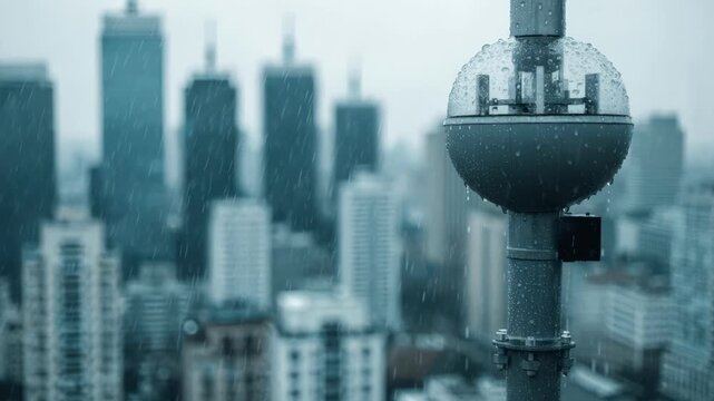 Monopole antenna clearly highlighted with an outoffocus cityscape behind showcasing use of satellite links for 5G backhaul where fiber infrastructure is absent.