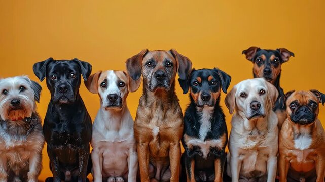 Seven dogs lined up in a studio on yellow background