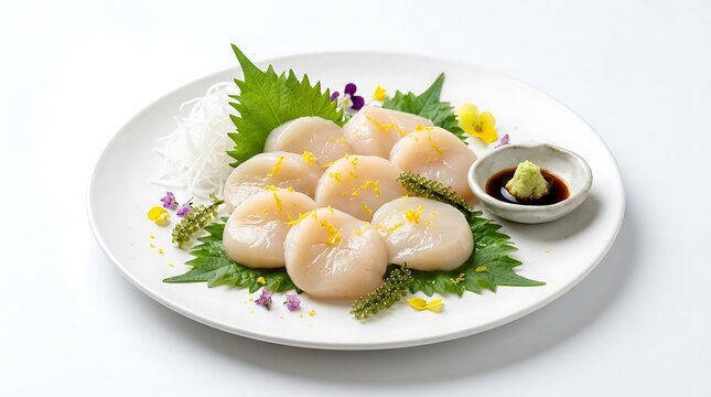 Japanese hotate scallop sashimi served with sea grapes and soy sauce