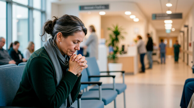 Woman praying in hospital waiting room. Mature female with hands clasped in faith and hope. Medical facility interior