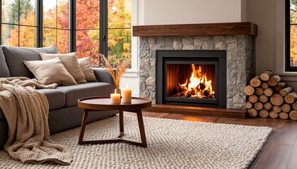 Obraz premium Cozy living room interior with a warm fireplace and beautiful autumn fall foliage