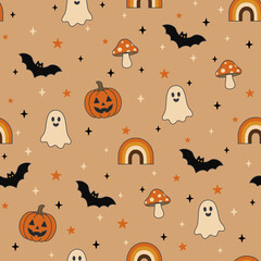 Naklejka premium Cute Halloween Seamless Pattern on Warm Brown Background with Pumpkin Ghost Bat Mushroom and Retro Rainbow