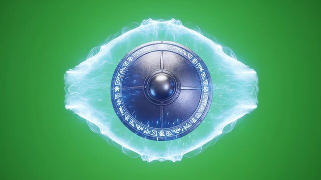 Fantasy shield with runes creating energy effect on green screen for chromakey. Magical protection animation for game design.