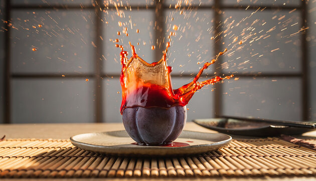 Splashing Red Beverage in Glass on Table with Window Backdrop.