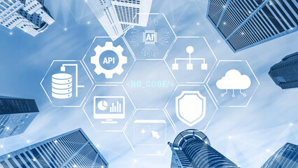 Fototapeta na wymiar Innovative Urban Skyline with Futuristic Technology Icons Illustrating API, Cloud Computing, Data Management, and No-Code Solutions for Digital Transformation Quark.