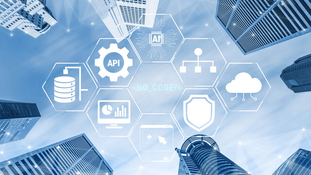 Innovative Urban Skyline with Futuristic Technology Icons Illustrating API, Cloud Computing, Data Management, and No-Code Solutions for Digital Transformation Quark.