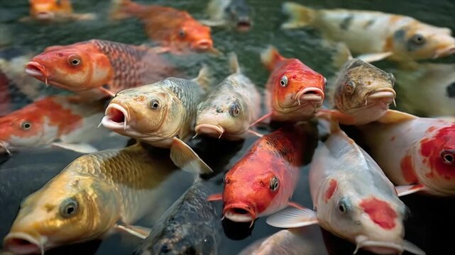 A close-up of colorful koi fish swimming together in a pond, many with open mouths