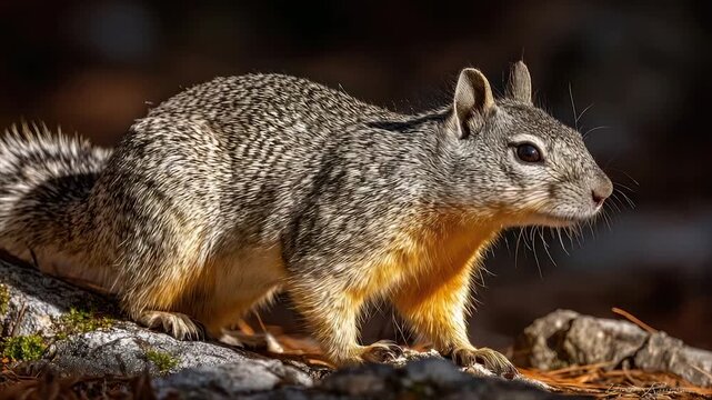 A curious squirrel, with salt-and-pepper fur, explores its environment in a sunlit forest