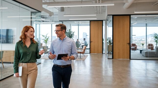 Two business professionals walk together through a contemporary corporate office while discussing ideas and reviewing digital information