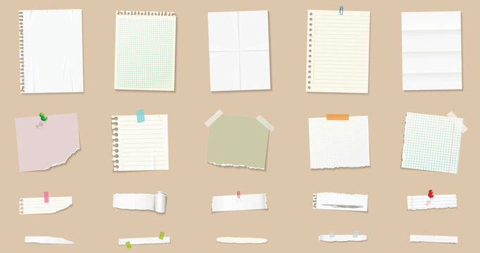 Sticky notes and paper sheets for reminders and notes. Realistic note papers with pin and adhesive tape with different colors.