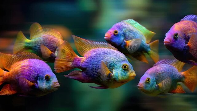 A school of vibrantly colored fish swim against a blurred green background