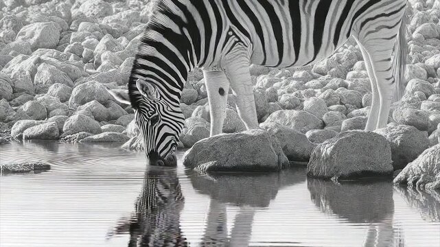 A zebra drinks from a pool, its reflection mirrored on the water, monochrome setting