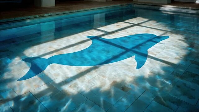 A blue dolphin design in a swimming pool's tiles, with light reflections
