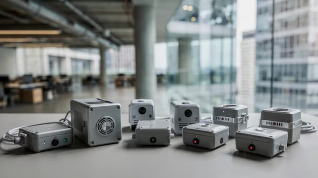 Clear focus on wireless sensor bundles for office tower climate control systems contrasted against an outoffocus highrise interior.