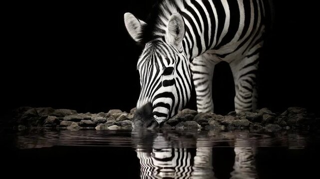 A zebra with stark black and white stripes drinks water, its reflection visible. Dark background