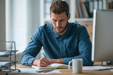 Obraz premium Man writing in a notebook at an office desk as a focused young male adult person