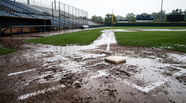Rain-soaked baseball field with muddy bases and empty bleachers in gloomy weather, waterlogged dirt on infield. Baseball field conveys sense of cancelled games and lost moments of fun in sports.