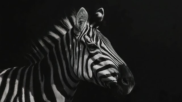 Detailed grayscale portrait of a zebra's head, stark contrast, black background