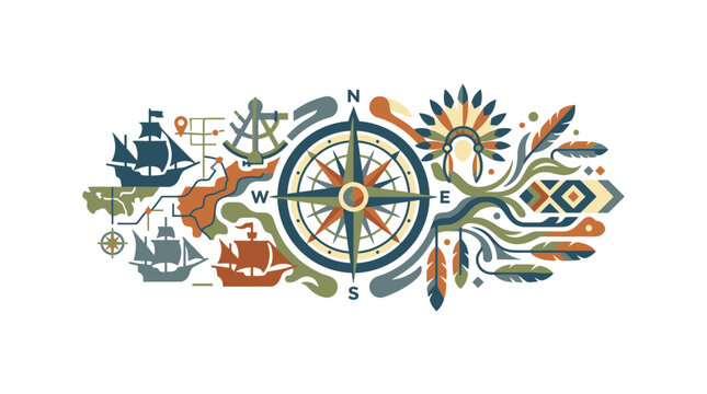 Vintage Navigation Compass and Exploration Elements Illustration