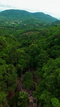 Vertical video. Fast FPV Drone Dive Above Dense Tropical Rainforest Toward a Deep Mountain Valley, Dynamic Aerial Perspective, High Speed Flight, Adventure Travel, Freedom and Exploration