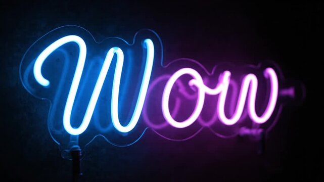 Bright blue neon sign with the word wow against black