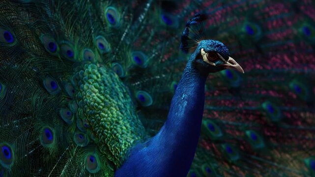 A vibrant peacock, displaying its iridescent feathers and a captivating gaze