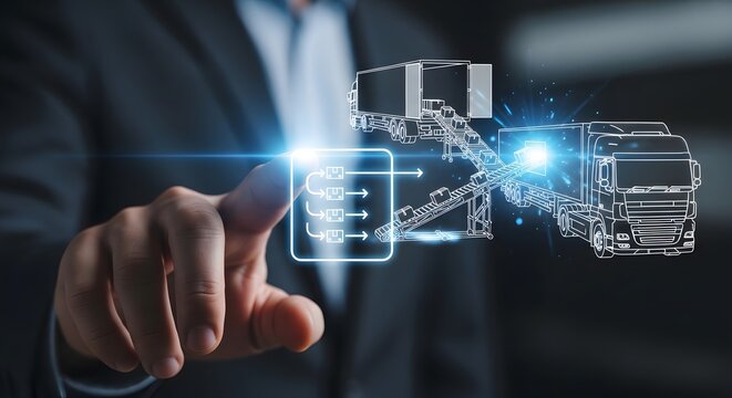 Businessman interacting with a futuristic virtual interface, visualizing a smart logistics network and optimizing digital supply chain management for modern freight transportation