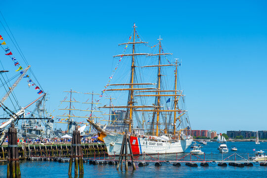 US Coast Guard USCGC Eagle, a Barque sailing ship, docked in Boston Charlestown Navy Yard durning Sail Boston 2026, Boston, Massachusetts, MA, USA.