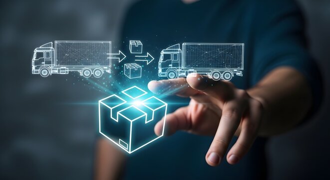 Man managing digital logistics network with holographic trucks and cargo delivery boxes