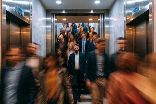 Business hotel elevator crowd, business motion concept