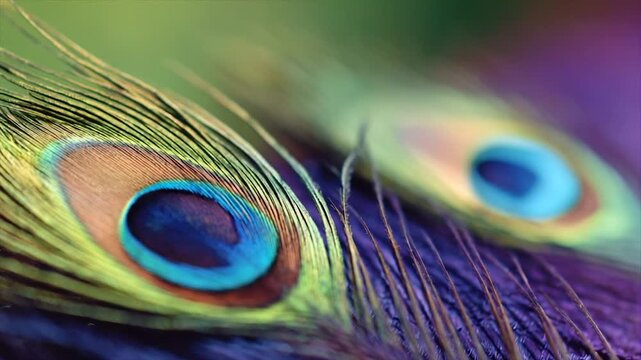 Two peacock feathers with intricate eye patterns against blurry colorful background