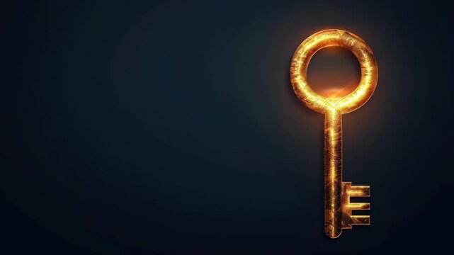 Golden Key to Success: A radiant golden key, symbolizing opportunity and achievement, glows against a dark, mysterious background, inviting viewers to unlock their potential.